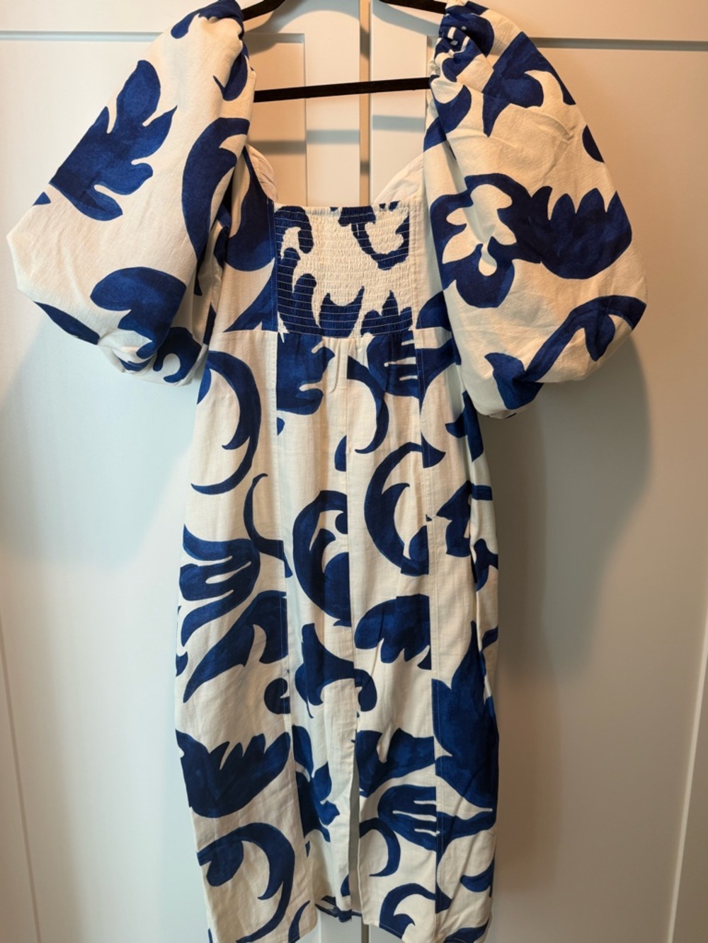 H&M blue and white abstract print balloon-sleeved sheath dress, XL - Picture 5 of 7